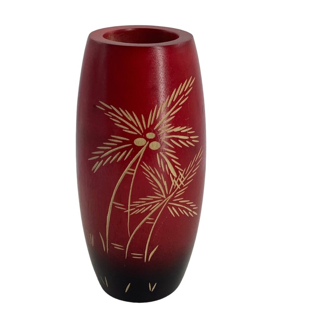 Hand Carved Wooden Vase Palm‎ Mango Trees Red Black Tan Coastal Island 6" x 3"